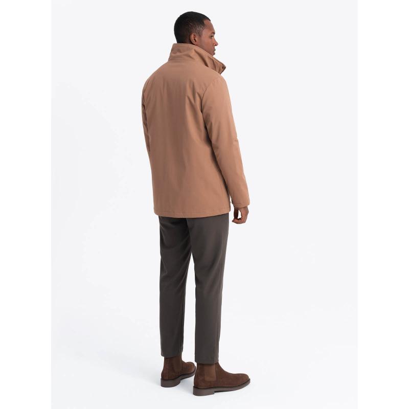 Pánská lehce vyteplená bunda s vysokým límcem a kapsami - hnědá V1