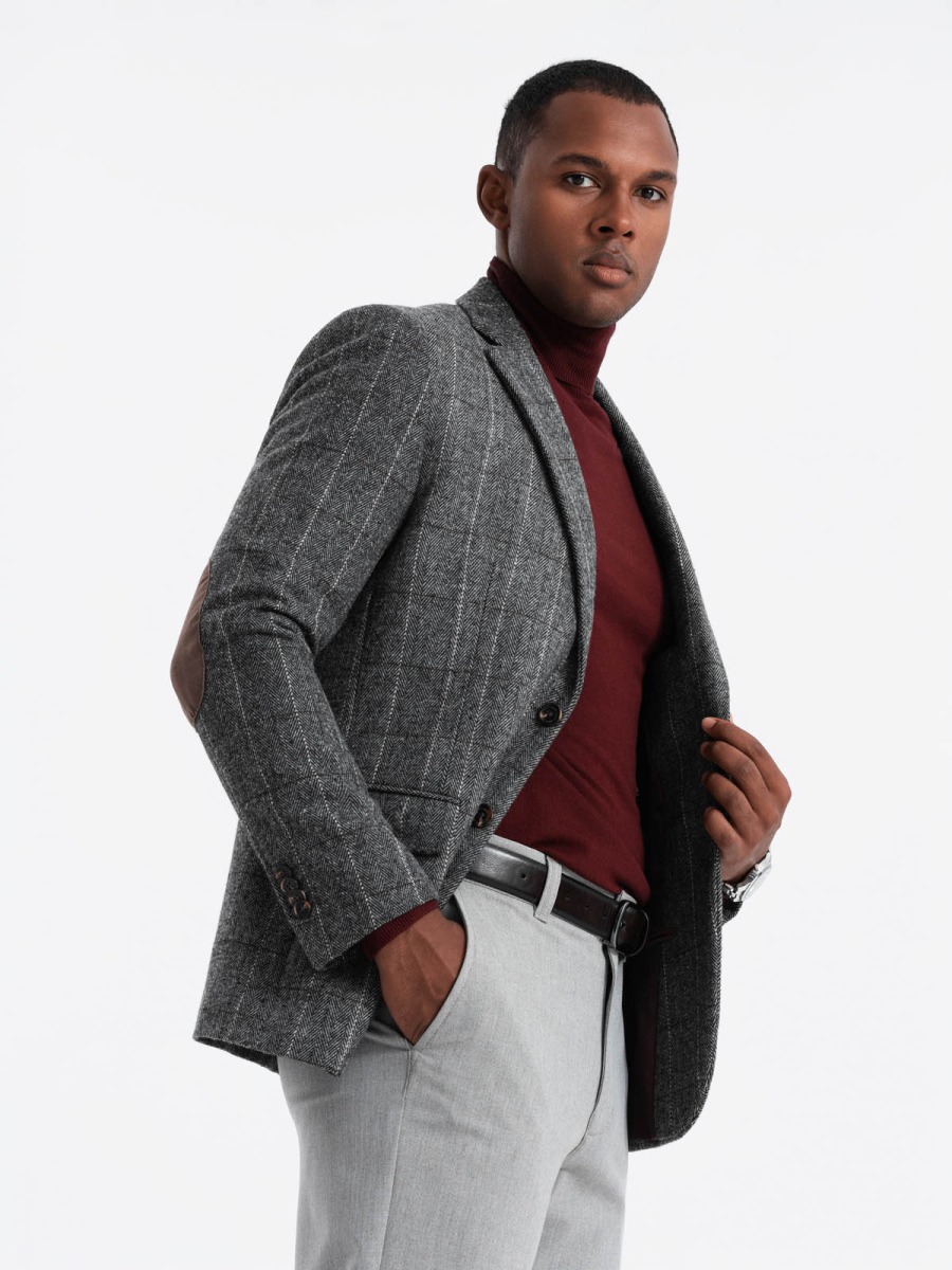 Elegantní pánská marynarka w kratkę z wełną - szara V1 OM-BLZB-0137
