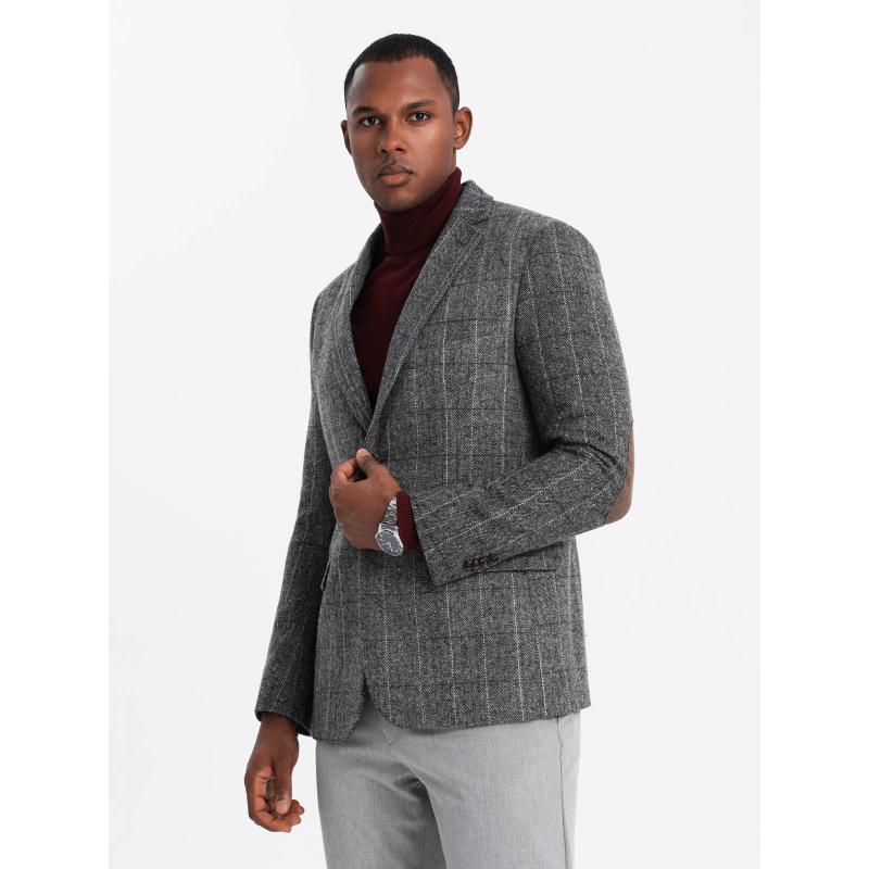 Elegancka męska marynarka w kratkę z wełną - szara V1 OM-BLZB-0137