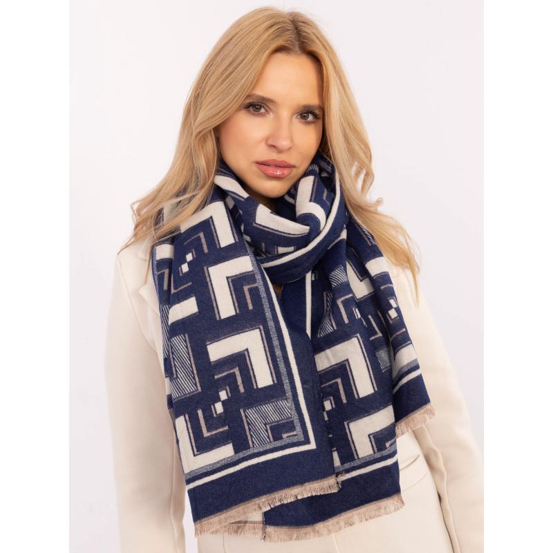 Tmavomodrá a ecru šatka s geometrickými vzormi