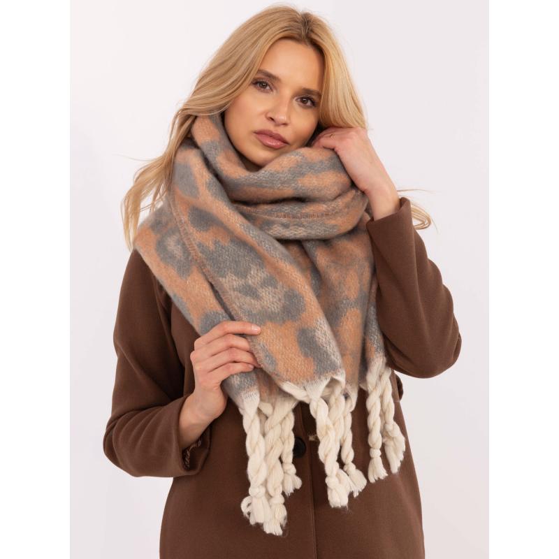 Oranžovo-šedá teplá dámská šála s puntíky