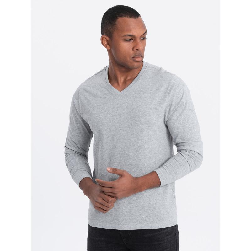 Pánské tričko s dlouhým rukávem bez potisku a s výstřihem - šedý melír V7