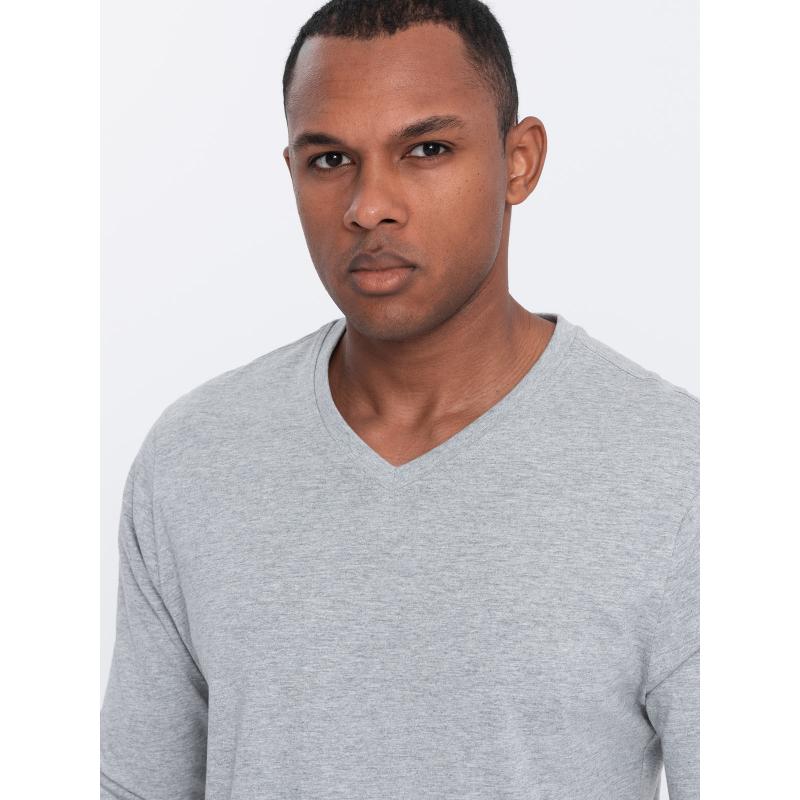 Pánské tričko s dlouhým rukávem bez potisku a s výstřihem - šedý melír V7
