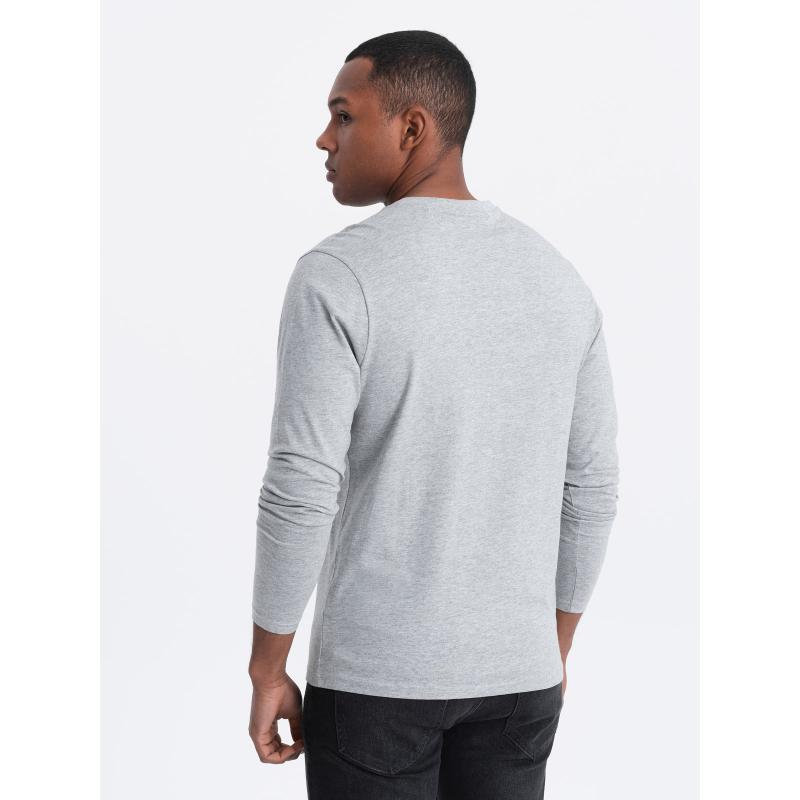 Pánské tričko s dlouhým rukávem bez potisku a s výstřihem - šedý melír V7