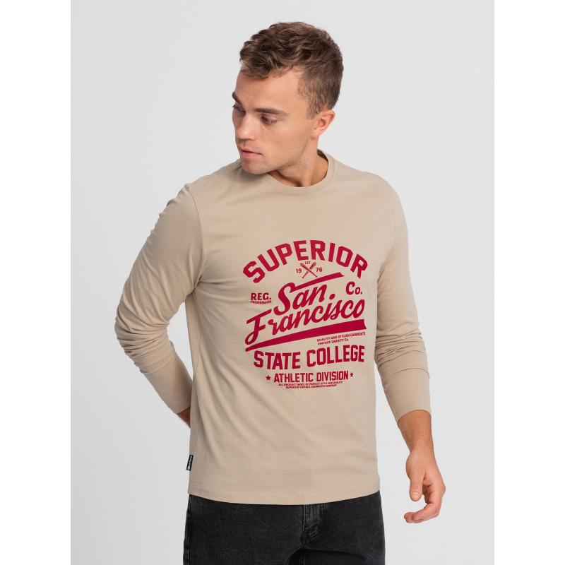 Pánske tričko s dlhým rukávom a kolektívnou potlačou - pieskové V1