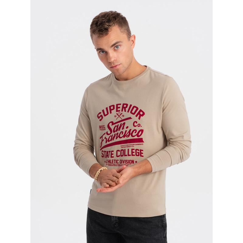 Pánske tričko s dlhým rukávom a kolektívnou potlačou - pieskové V1