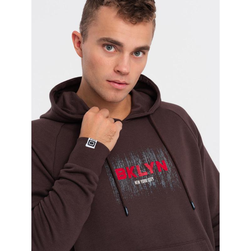 Férfi klasszikus nyomott kenguru kapucnis pulóver - sötétbarna V2