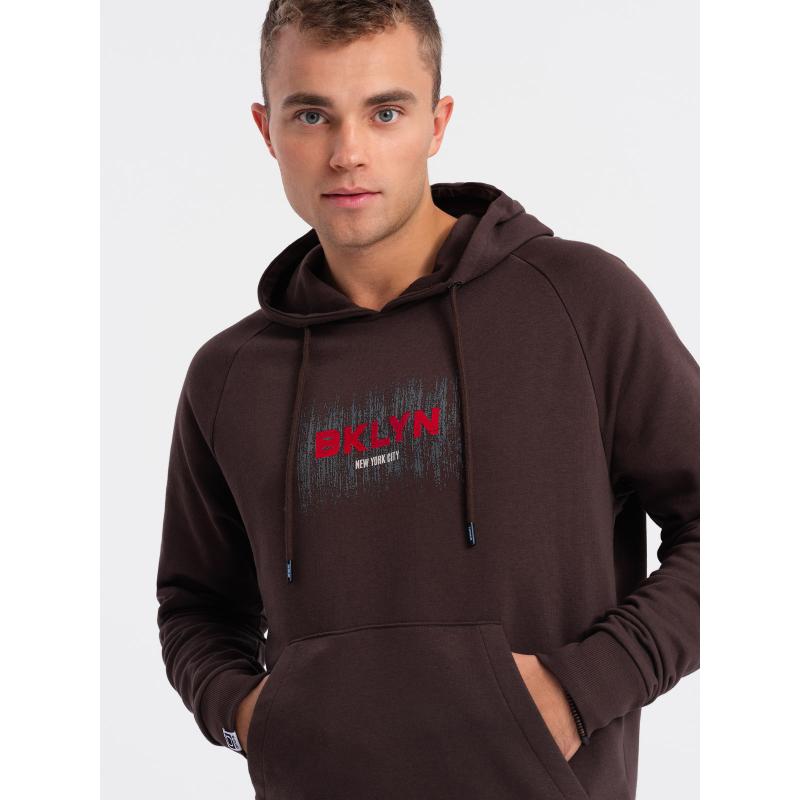 Férfi klasszikus nyomott kenguru kapucnis pulóver - sötétbarna V2