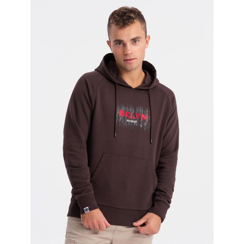 Férfi klasszikus nyomott kenguru kapucnis pulóver - sötétbarna V2