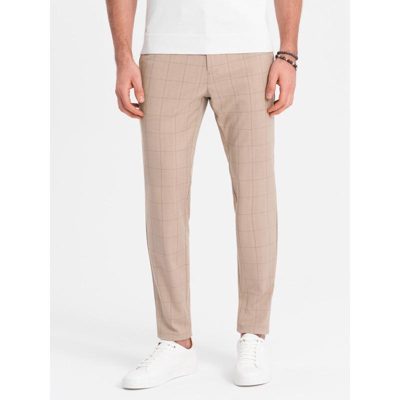 Pánské kalhoty klasického střihu v jemné kostkované barvě - pískové V2 OM-PACP-0187