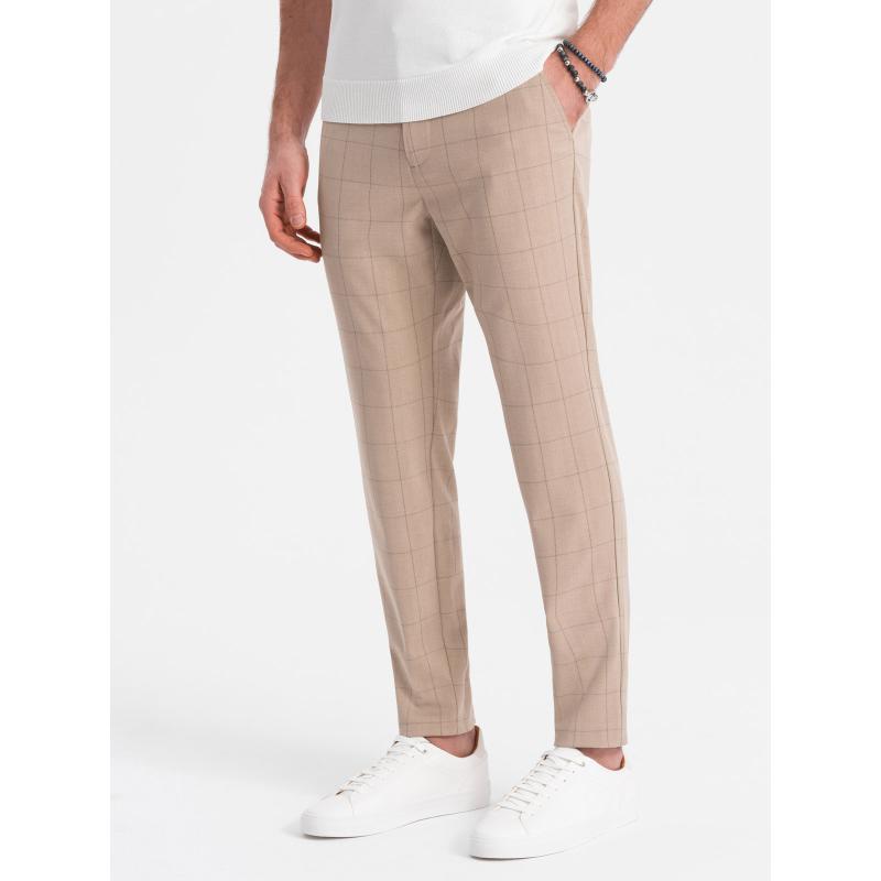 Pánské kalhoty klasického střihu v jemné kostkované barvě - pískové V2 OM-PACP-0187