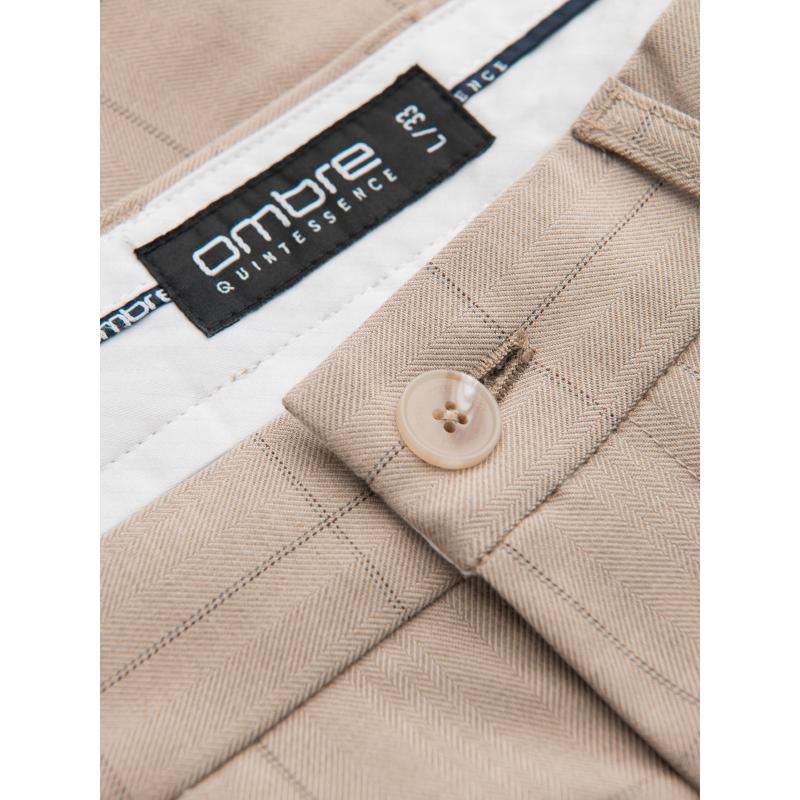 Pánské kalhoty klasického střihu v jemné kostkované barvě - pískové V2 OM-PACP-0187