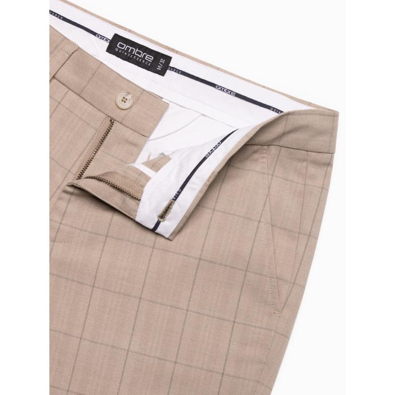 Pánské kalhoty klasického střihu v jemné kostkované barvě - pískové V2 OM-PACP-0187