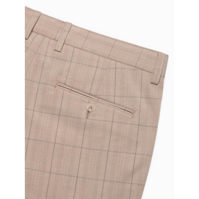 Pánské kalhoty klasického střihu v jemné kostkované barvě - pískové V2 OM-PACP-0187