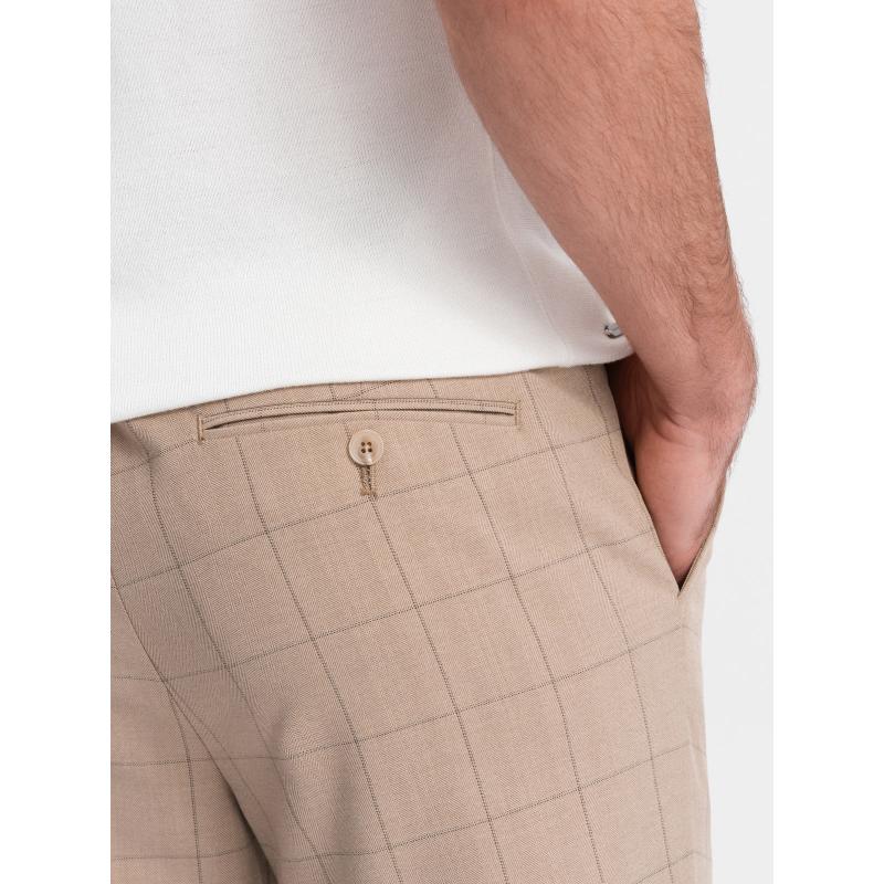 Pánské kalhoty klasického střihu v jemné kostkované barvě - pískové V2 OM-PACP-0187
