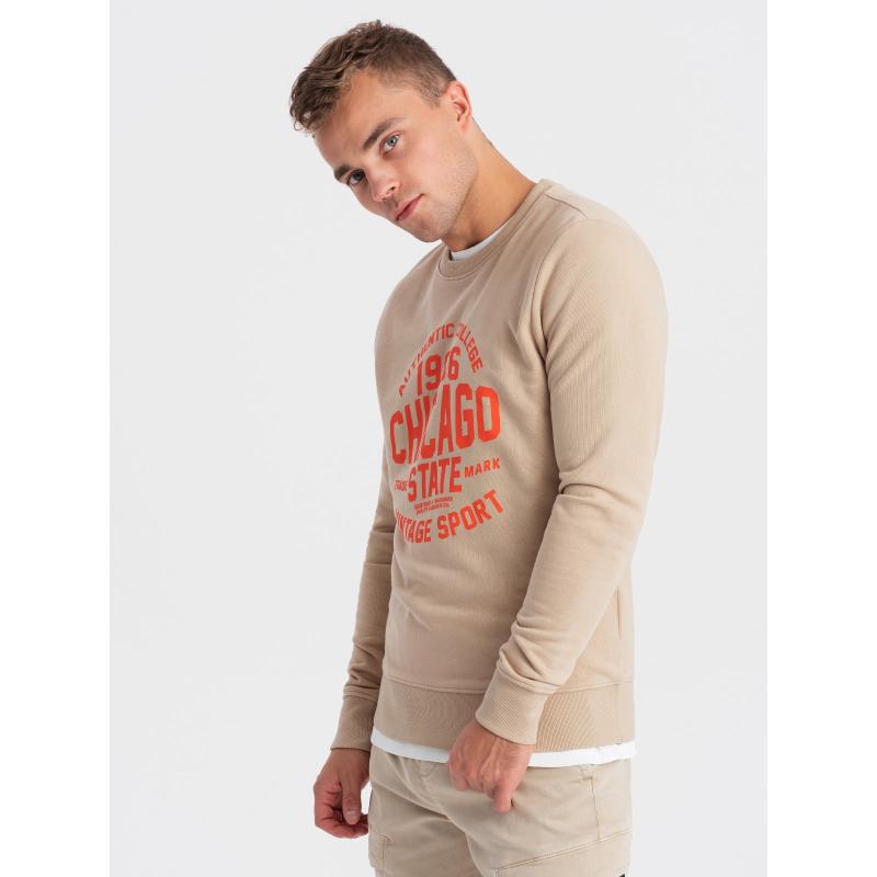 Pánská mikina bez knoflíků s kolektivním potiskem - písková V1