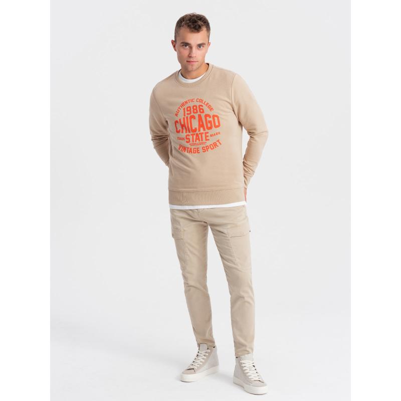 Pánská mikina bez knoflíků s kolektivním potiskem - písková V1