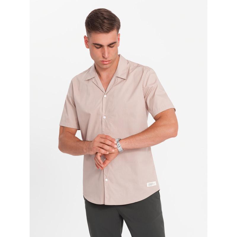 Pánské tričko s krátkým rukávem a kubánským límečkem - světle hnědé V6