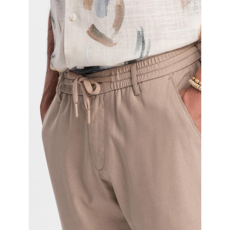 Pánské chino kalhoty z plátěné směsi s ohrnutou nohavicí - světle hnědé V3 OM-PACP-0198