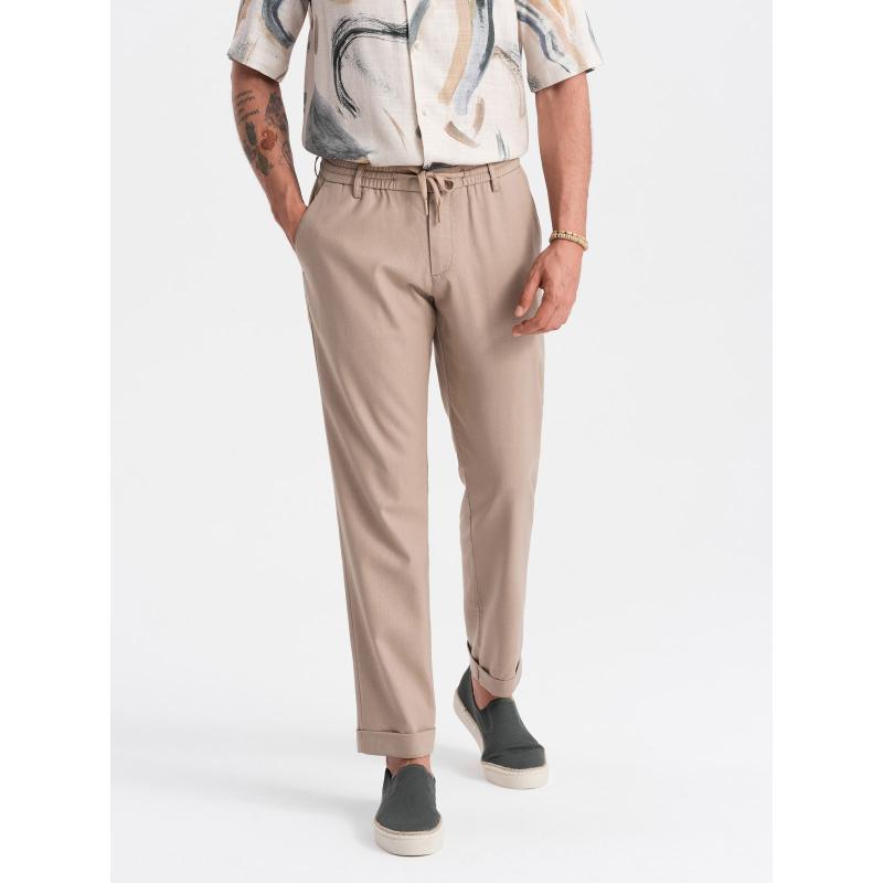 Pánské chino kalhoty z plátěné směsi s ohrnutou nohavicí - světle hnědé V3 OM-PACP-0198