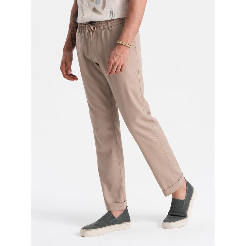 Pánské chino kalhoty z plátěné směsi s ohrnutou nohavicí - světle hnědé V3 OM-PACP-0198