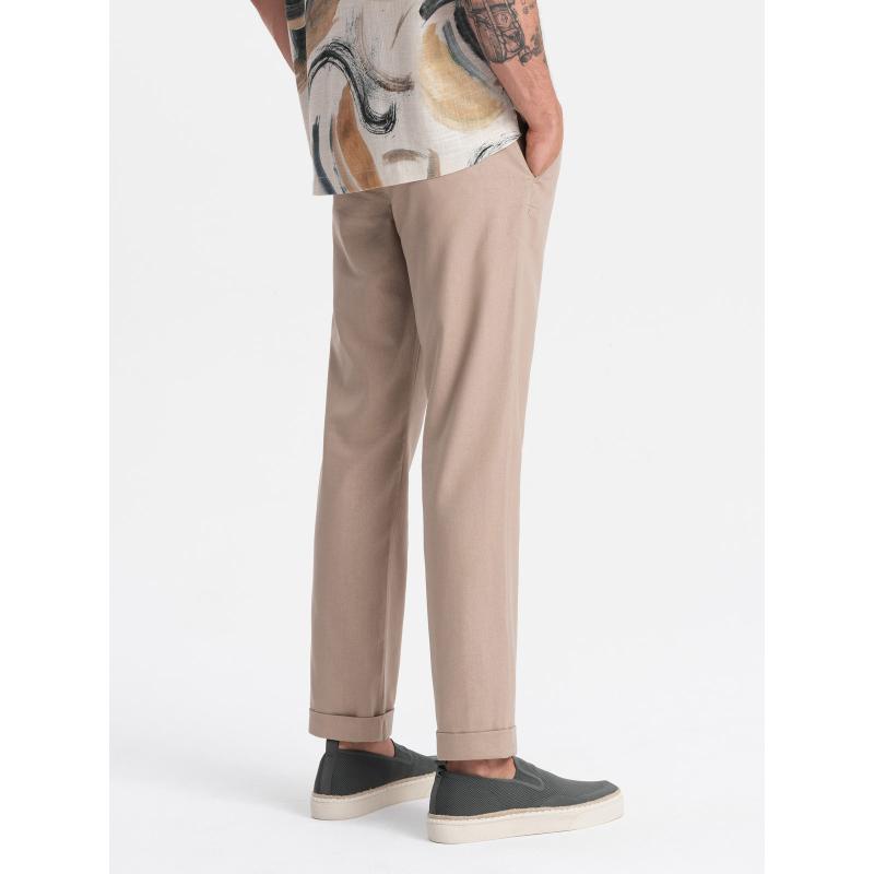 Pánské chino kalhoty z plátěné směsi s ohrnutou nohavicí - světle hnědé V3 OM-PACP-0198