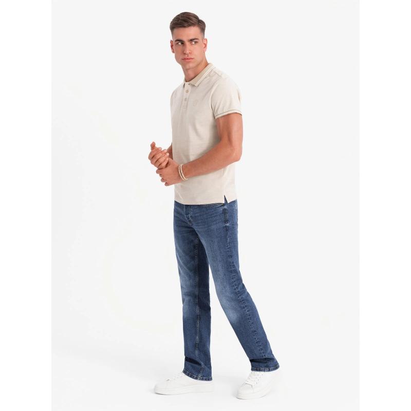 Pánska melanžová polokošeľa s pruhovaným golierom - piesková V4 OM-POSS-0109