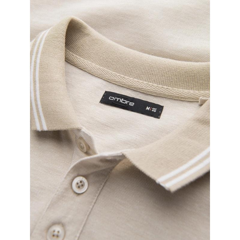 Pánska melanžová polokošeľa s pruhovaným golierom - piesková V4 OM-POSS-0109