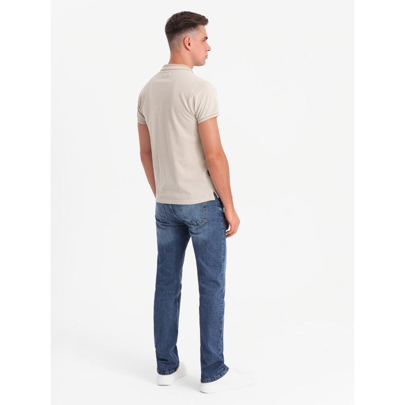 Pánska melanžová polokošeľa s pruhovaným golierom - piesková V4 OM-POSS-0109