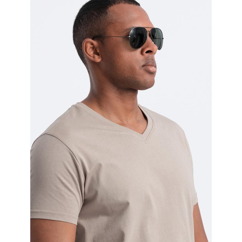 Pánské klasické bavlněné tričko BASIC se serpentinami u krku - pískové V5