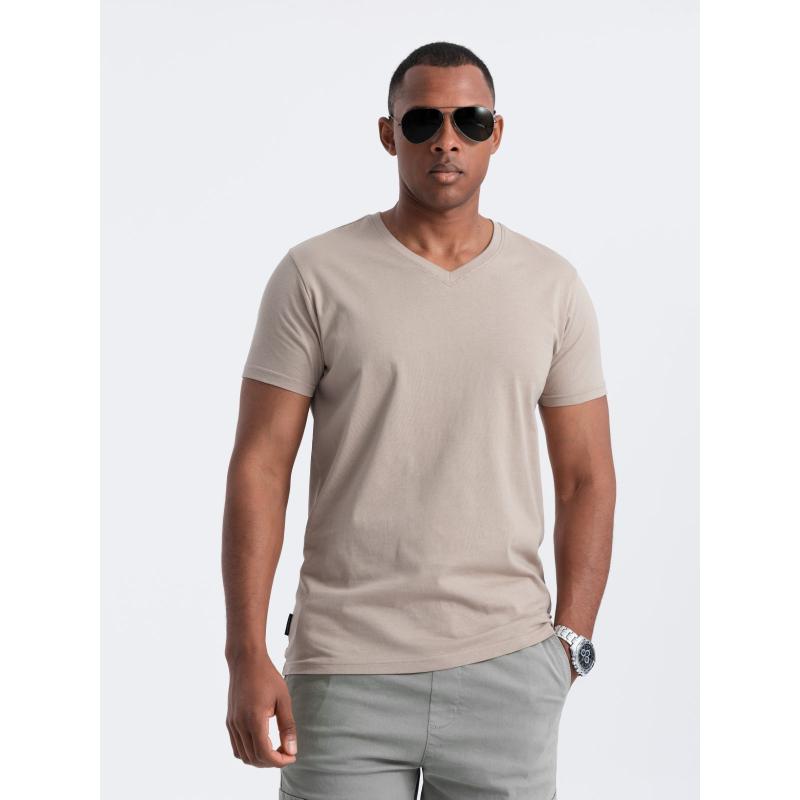 Pánské klasické bavlněné tričko BASIC se serpentinami u krku - pískové V5
