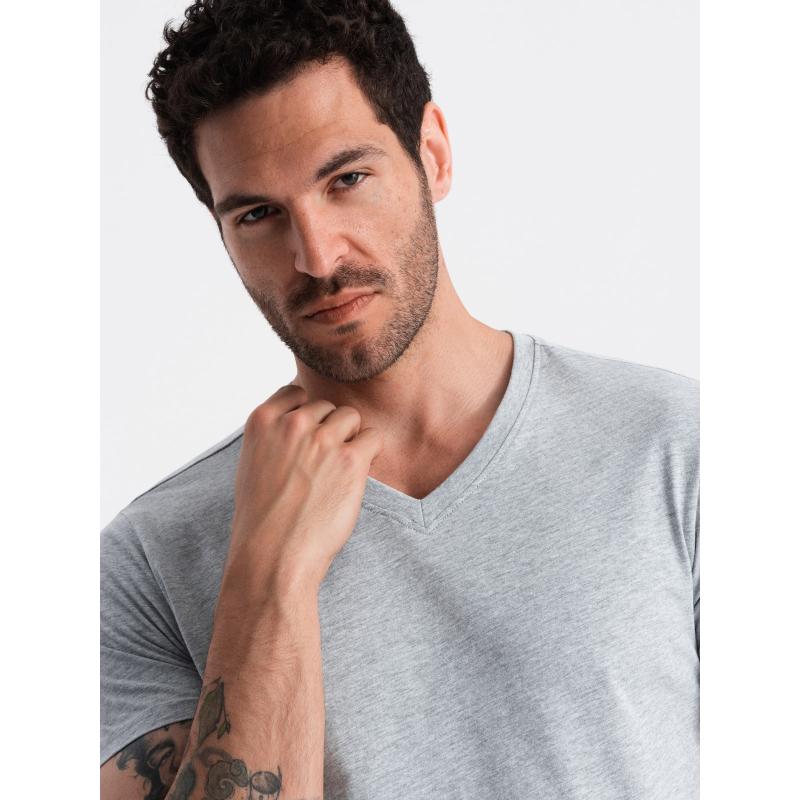 BASIC pánské klasické bavlněné tričko s výstřihem - šedý melír V16