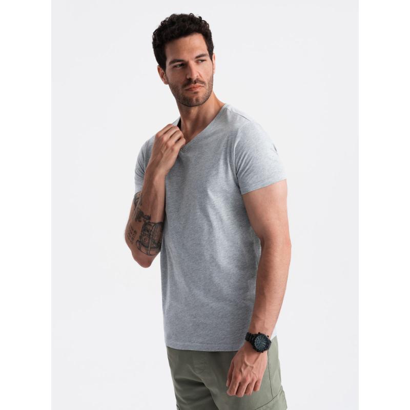 BASIC pánské klasické bavlněné tričko s výstřihem - šedý melír V16