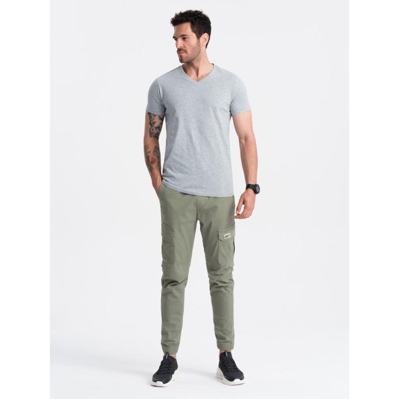 BASIC pánské klasické bavlněné tričko s výstřihem - šedý melír V16