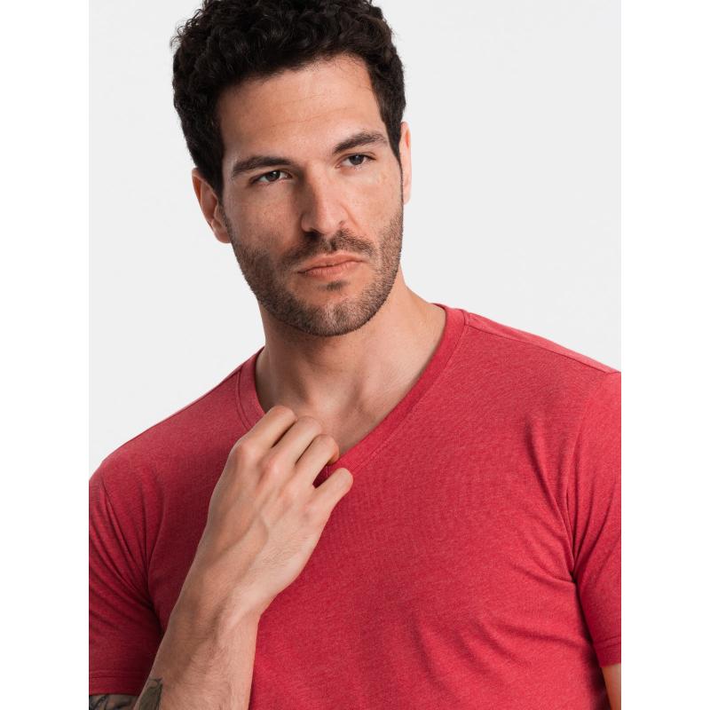 BASIC pánské klasické bavlněné tričko s výstřihem - červený melír V17