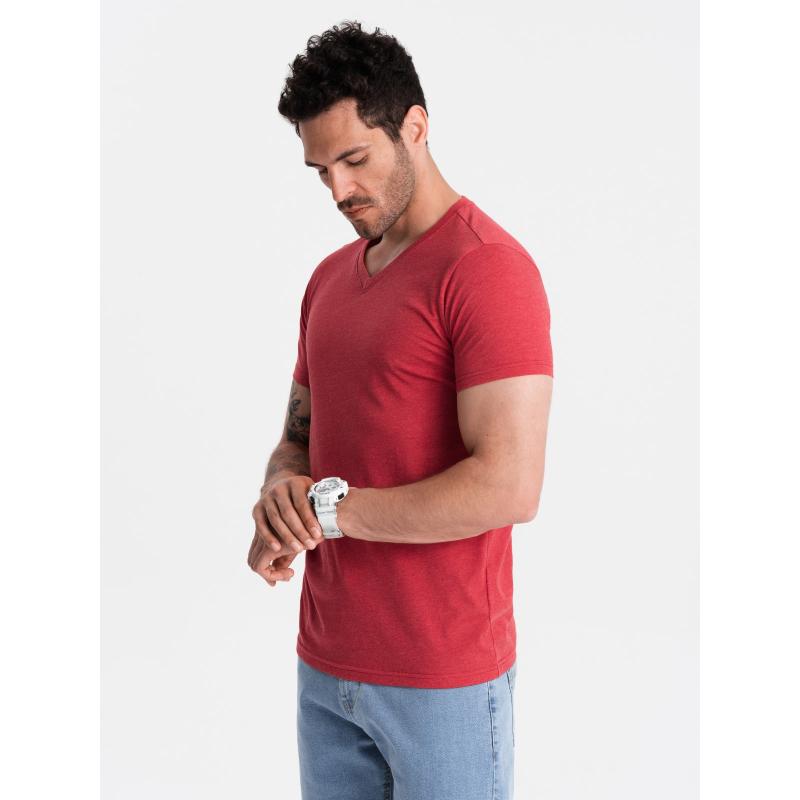 BASIC pánské klasické bavlněné tričko s výstřihem - červený melír V17