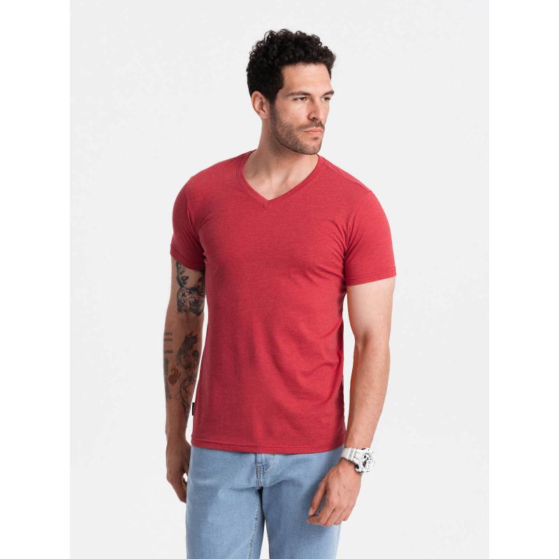 BASIC pánské klasické bavlněné tričko s výstřihem - červený melír V17