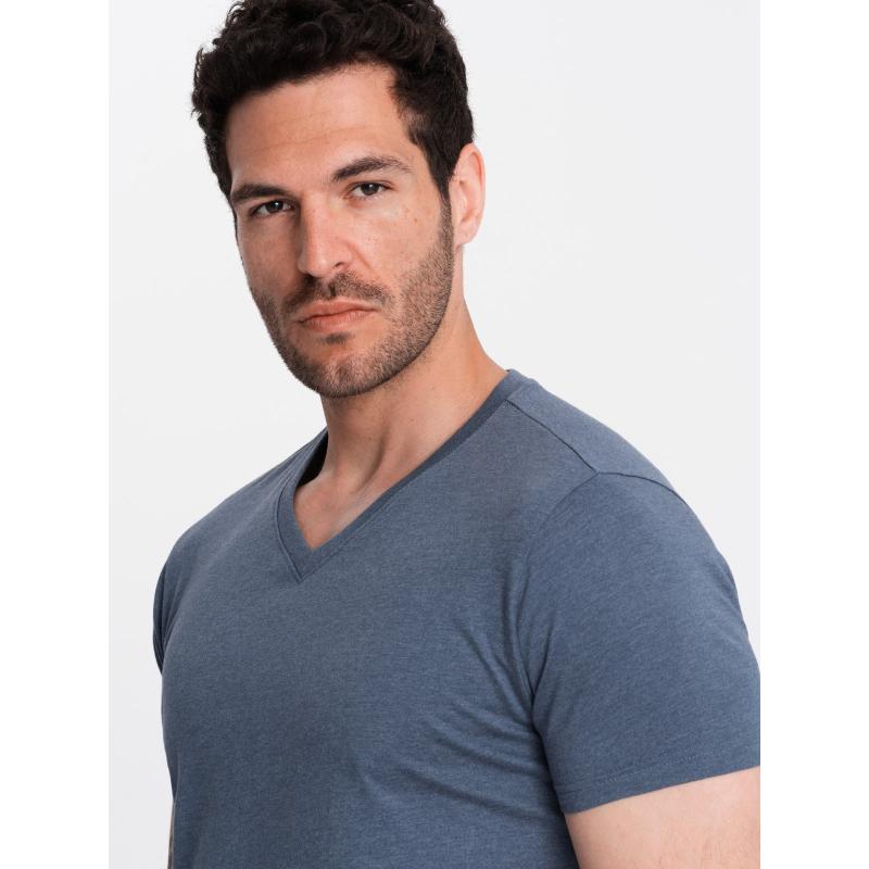 BASIC pánské klasické bavlněné tričko se serpentinovým výstřihem - modrý melír V18