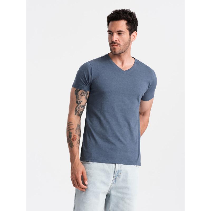 BASIC pánské klasické bavlněné tričko se serpentinovým výstřihem - modrý melír V18