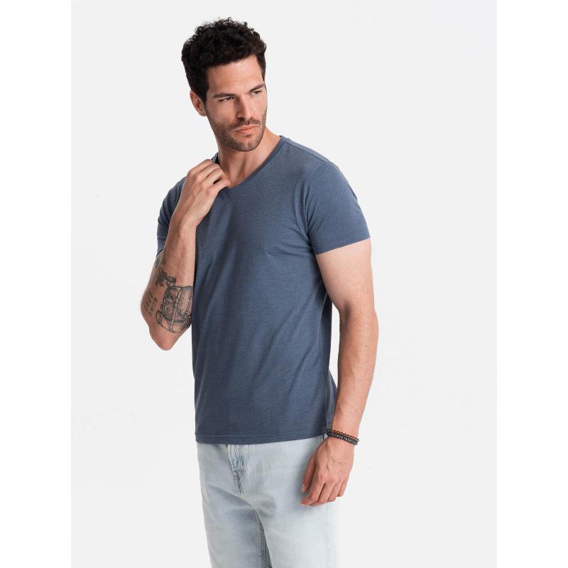 BASIC pánské klasické bavlněné tričko se serpentinovým výstřihem - modrý melír V18