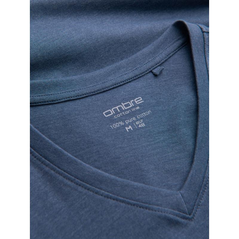 BASIC pánské klasické bavlněné tričko se serpentinovým výstřihem - modrý melír V18