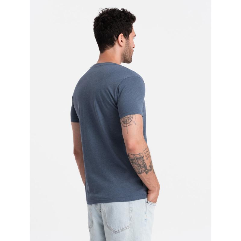 BASIC pánské klasické bavlněné tričko se serpentinovým výstřihem - modrý melír V18
