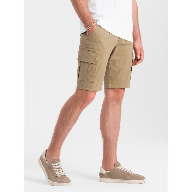 Jednofarebné pánske krátke nohavice s cargo vreckami - pieskové V1 OM-SRCG-0133