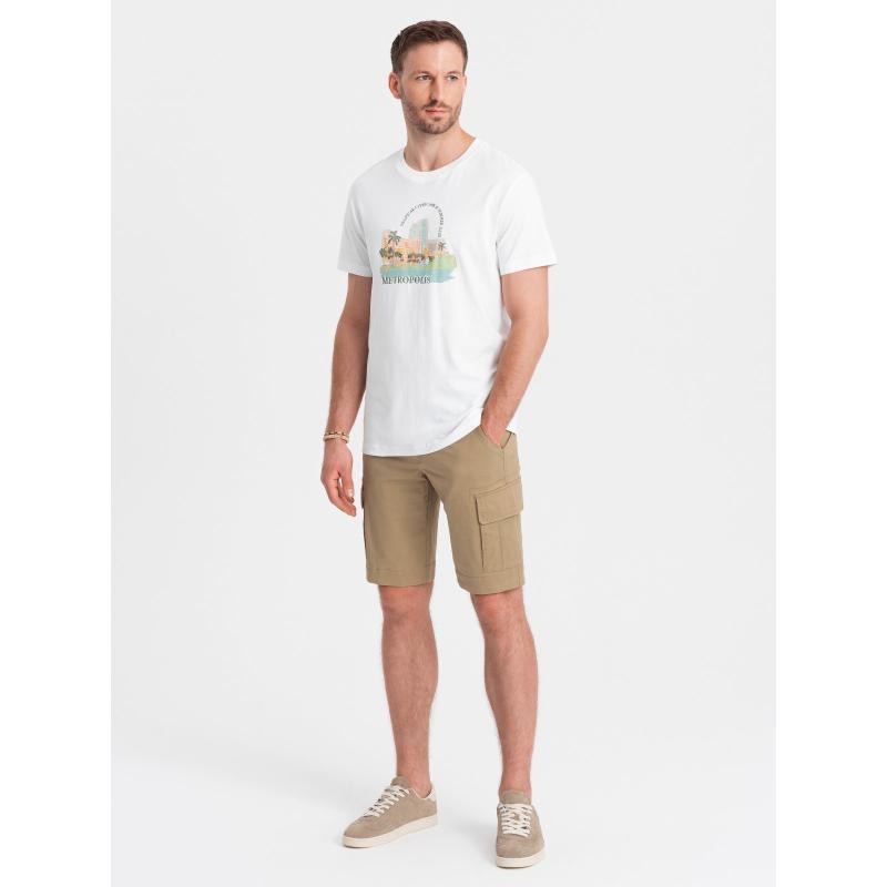 Jednofarebné pánske krátke nohavice s cargo vreckami - pieskové V1 OM-SRCG-0133