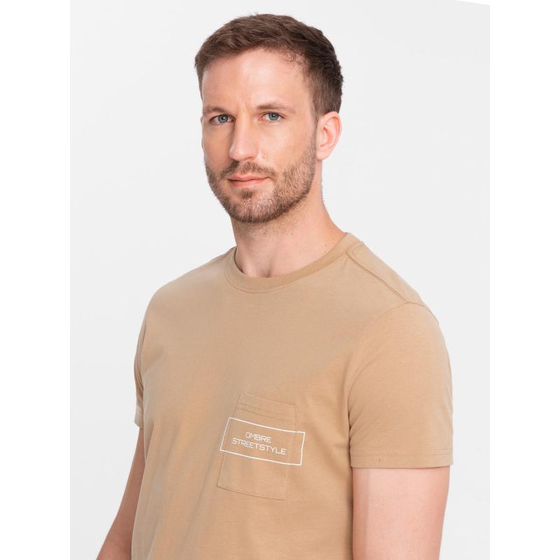 Pánske bavlnené tričko s potlačou s vreckami Ombre Streetstyle - pieskové V6