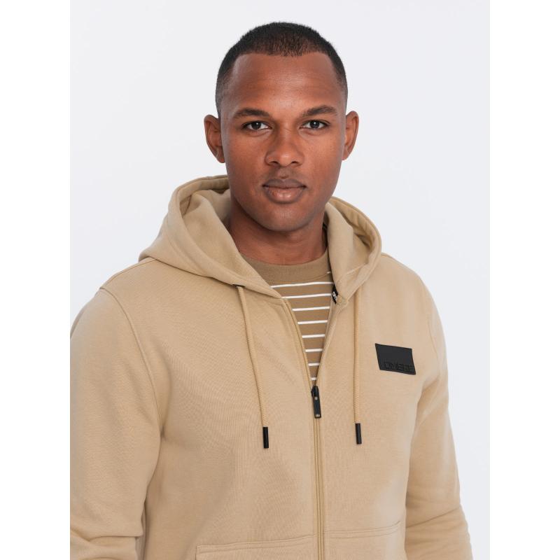 Pánská mikina bez knoflíků s kapucí a nášivkou - písková V2