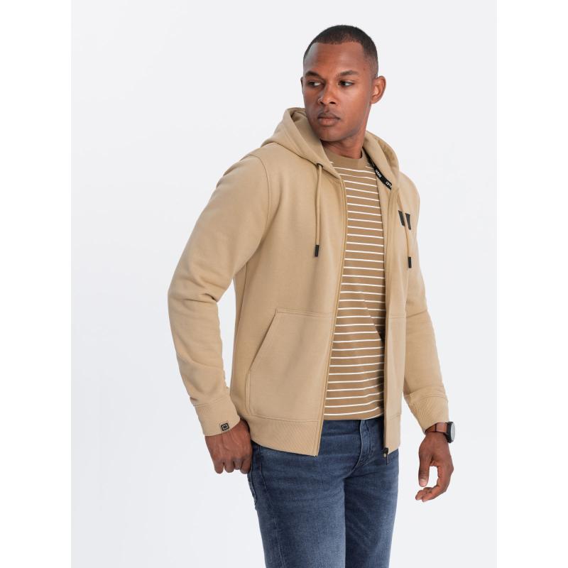 Pánská mikina bez knoflíků s kapucí a nášivkou - písková V2