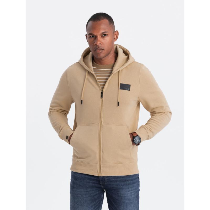 Pánská mikina bez knoflíků s kapucí a nášivkou - písková V2