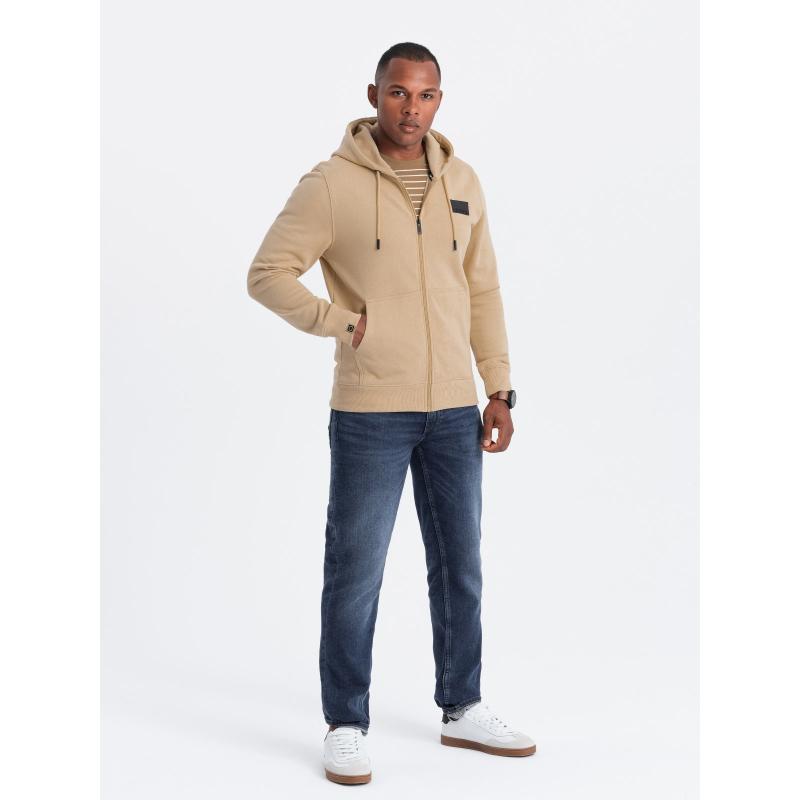 Pánská mikina bez knoflíků s kapucí a nášivkou - písková V2