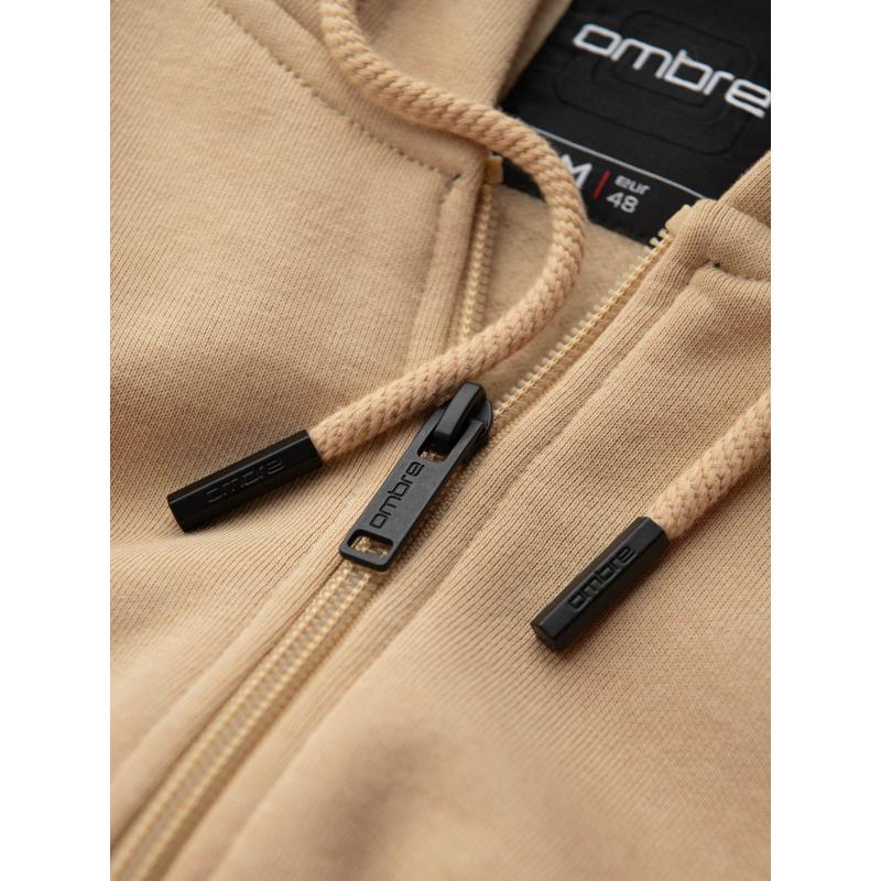 Pánská mikina bez knoflíků s kapucí a nášivkou - písková V2